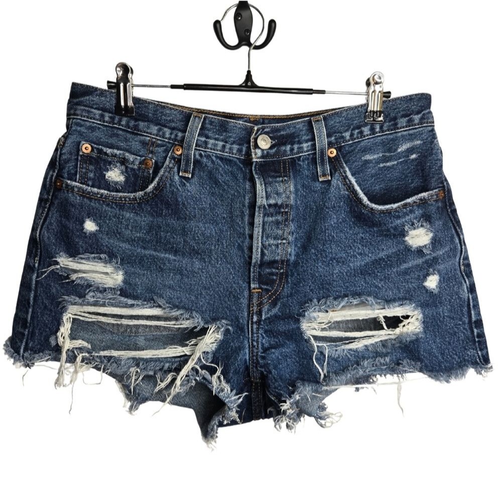 Levi’s 501 Button Fly Denim Shorts Dark Wash Distressed Raw Hem W29